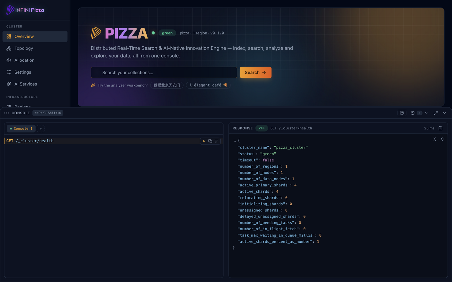 API console drawer with a request and response