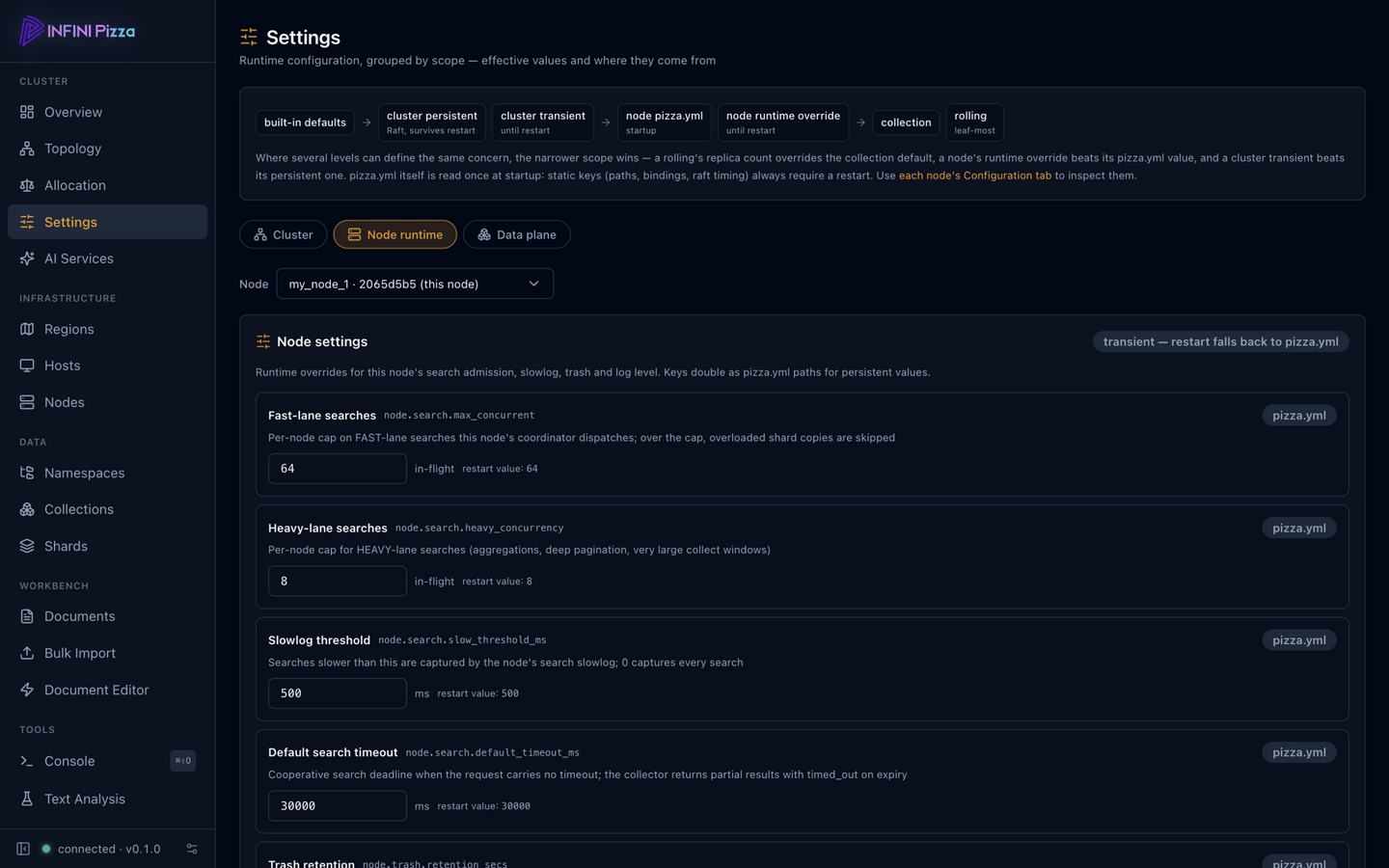 Node runtime settings in the console